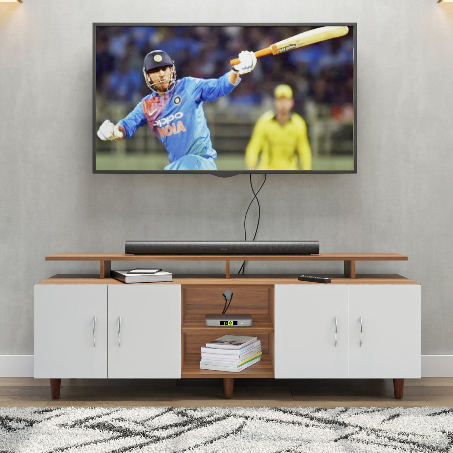 TV unit | 4 Doors, Open Shelves & Extension | Dual Color TV & Entertainment Unit VIKI FURNITURE Brussel Walnut with Frosty White