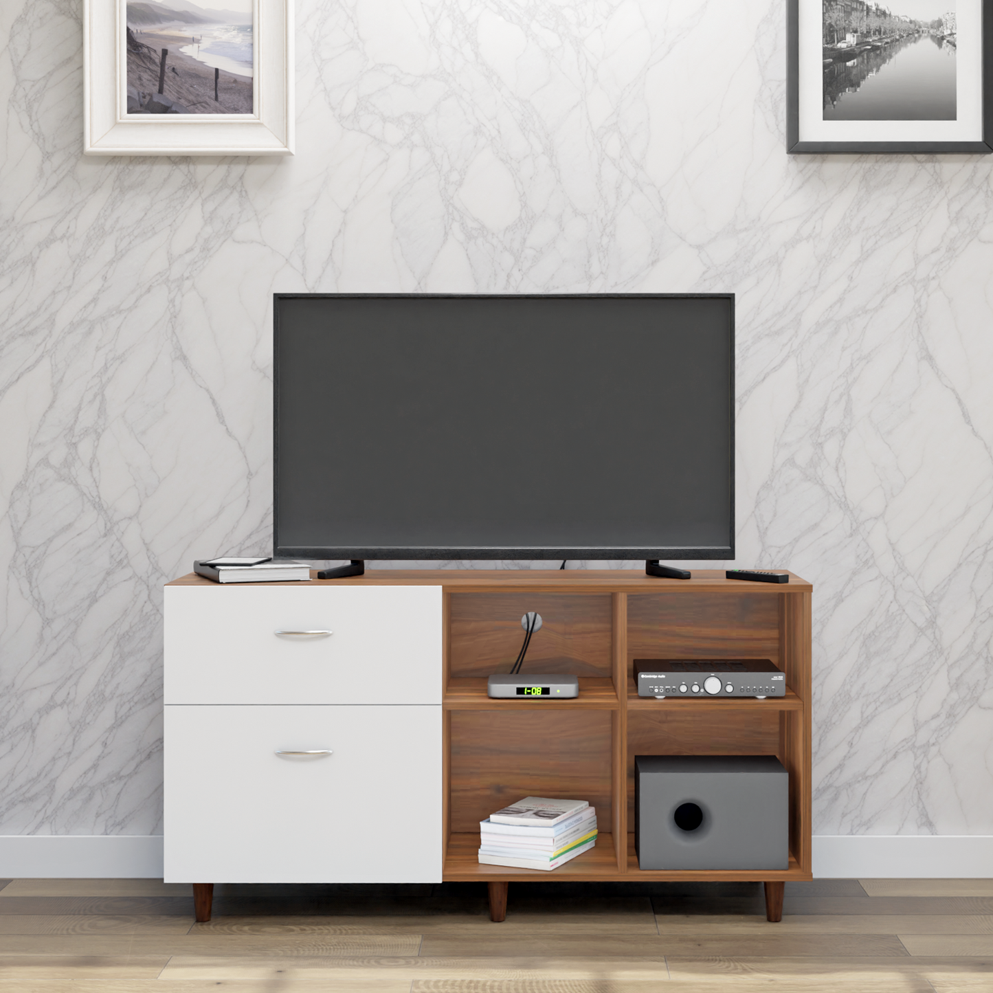 TV Unit | 2 Drawers, Shelf & Open Shelves | Dual Color TV & Entertainment Unit VIKI FURNITURE