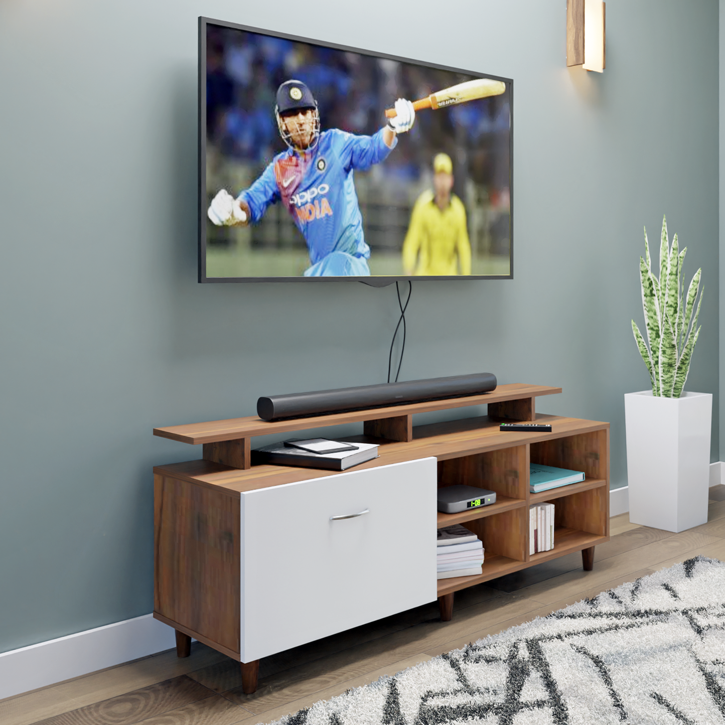 TV Unit | 1 Drawer, Open Shelves & Extension | Dual Color TV & Entertainment Unit VIKI FURNITURE Brussel Walnut with Frosty White