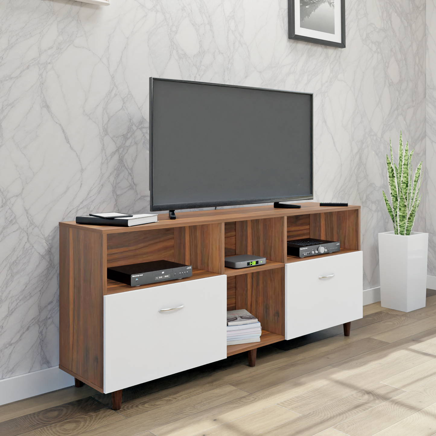 TV unit | 2 Drawers, Shelf & Open Shelves | Dual Color TV & Entertainment Unit VIKI FURNITURE