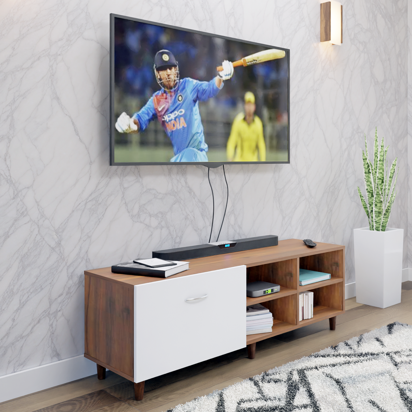 TV Unit | 1 Drawer, Open Shelves | Dual Color TV & Entertainment Unit VIKI FURNITURE Brussel Walnut with Frosty White