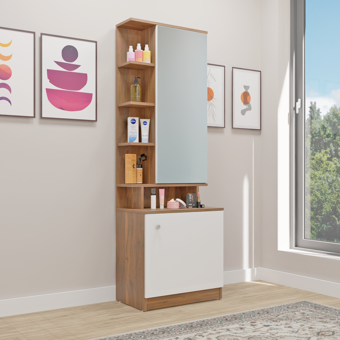 Dressing Table with Mirror Door | Drawer & Open Shelves Dressing Table VIKI FURNITURE Brussel Walnut & Frosty White