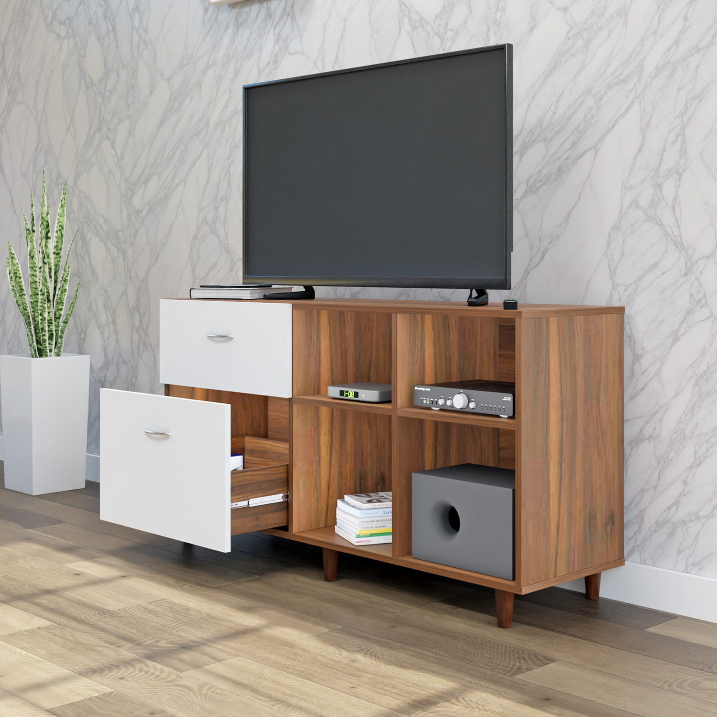 TV Unit | 2 Drawers, Shelf & Open Shelves | Dual Color TV & Entertainment Unit VIKI FURNITURE