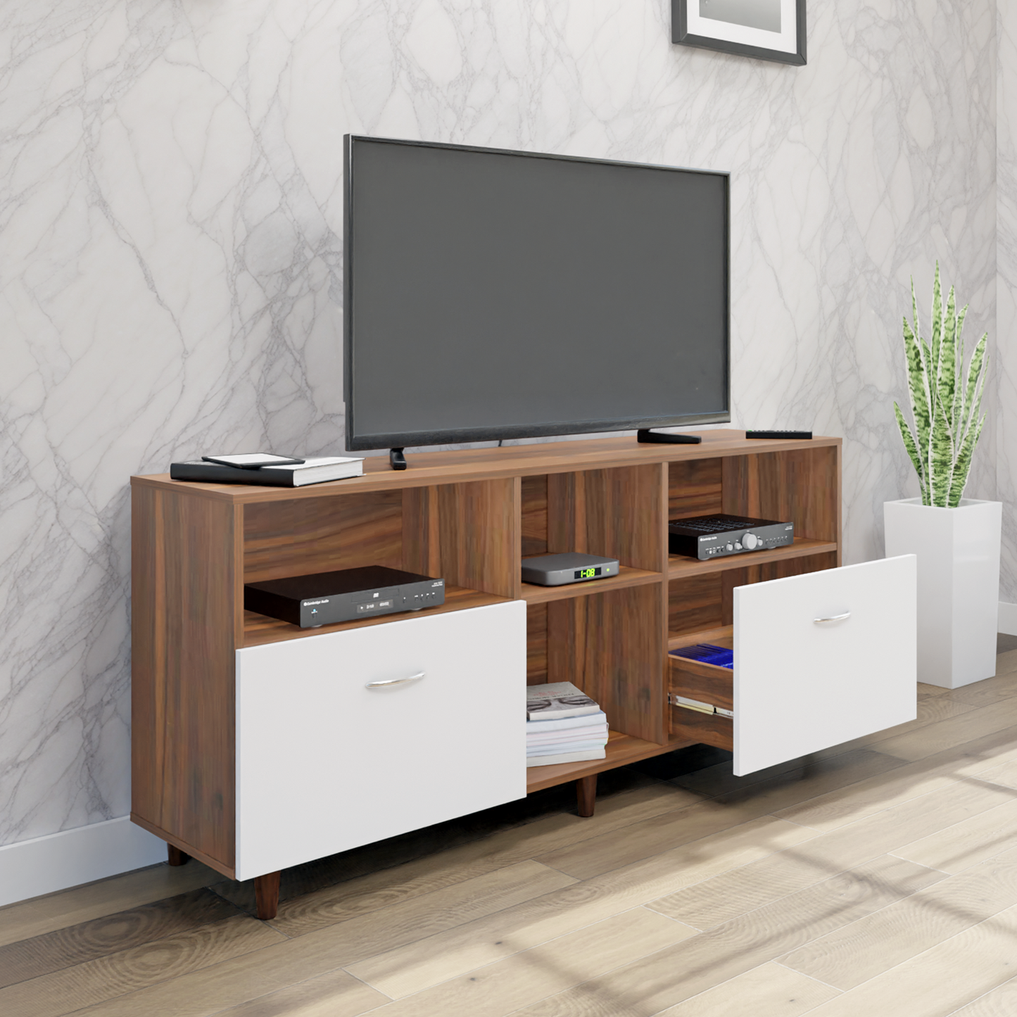 TV unit | 2 Drawers, Shelf & Open Shelves | Dual Color TV & Entertainment Unit VIKI FURNITURE