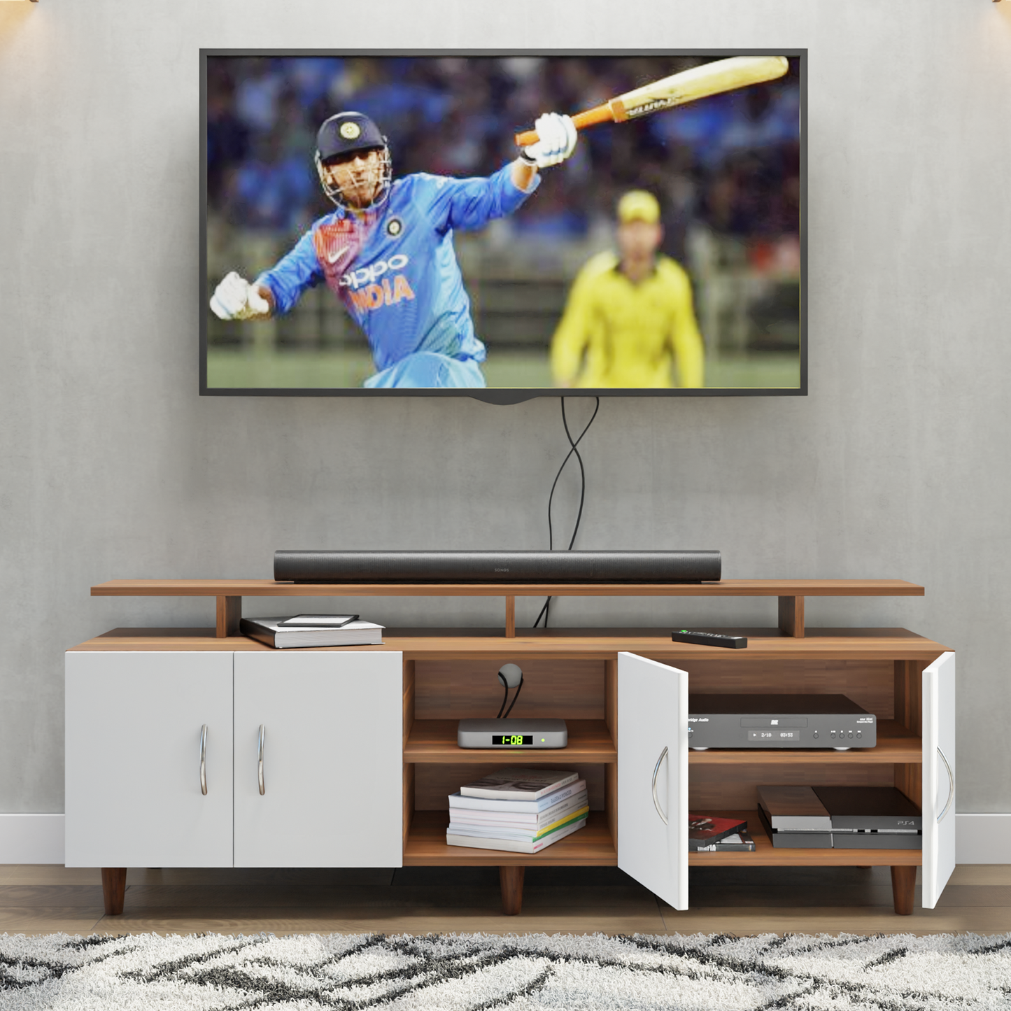 TV unit | 4 Doors, Open Shelves & Extension | Dual Color TV & Entertainment Unit VIKI FURNITURE
