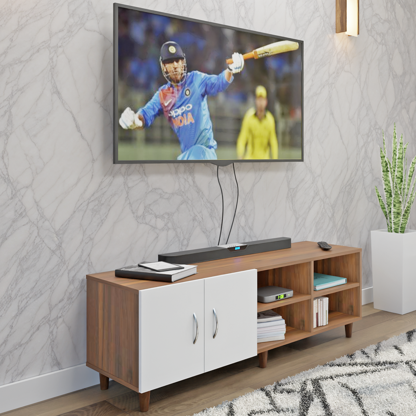 TV Unit | 2 Door, Open Shelves | Dual Color TV & Entertainment Unit VIKI FURNITURE Brussel Walnut with Frosty White