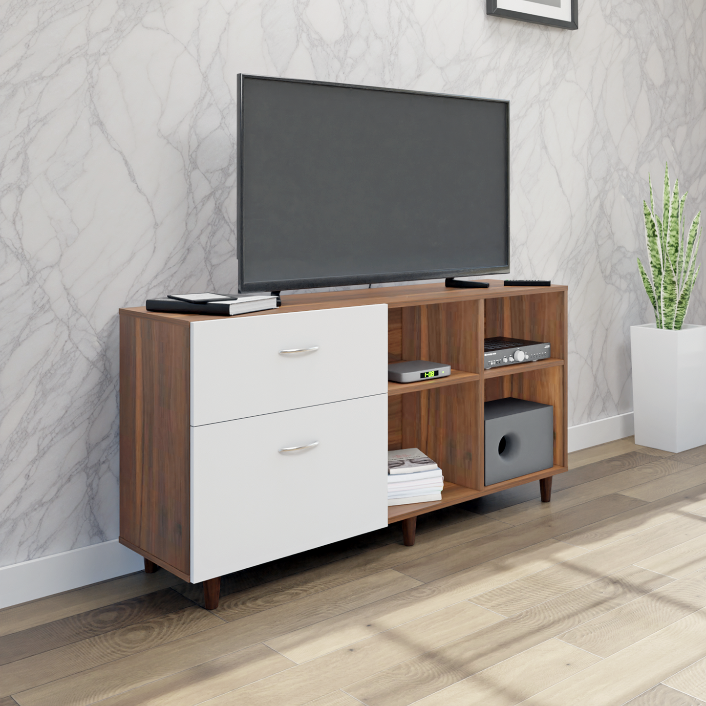 TV Unit | 2 Drawers, Shelf & Open Shelves | Dual Color TV & Entertainment Unit VIKI FURNITURE Brussel Walnut with Frosty White
