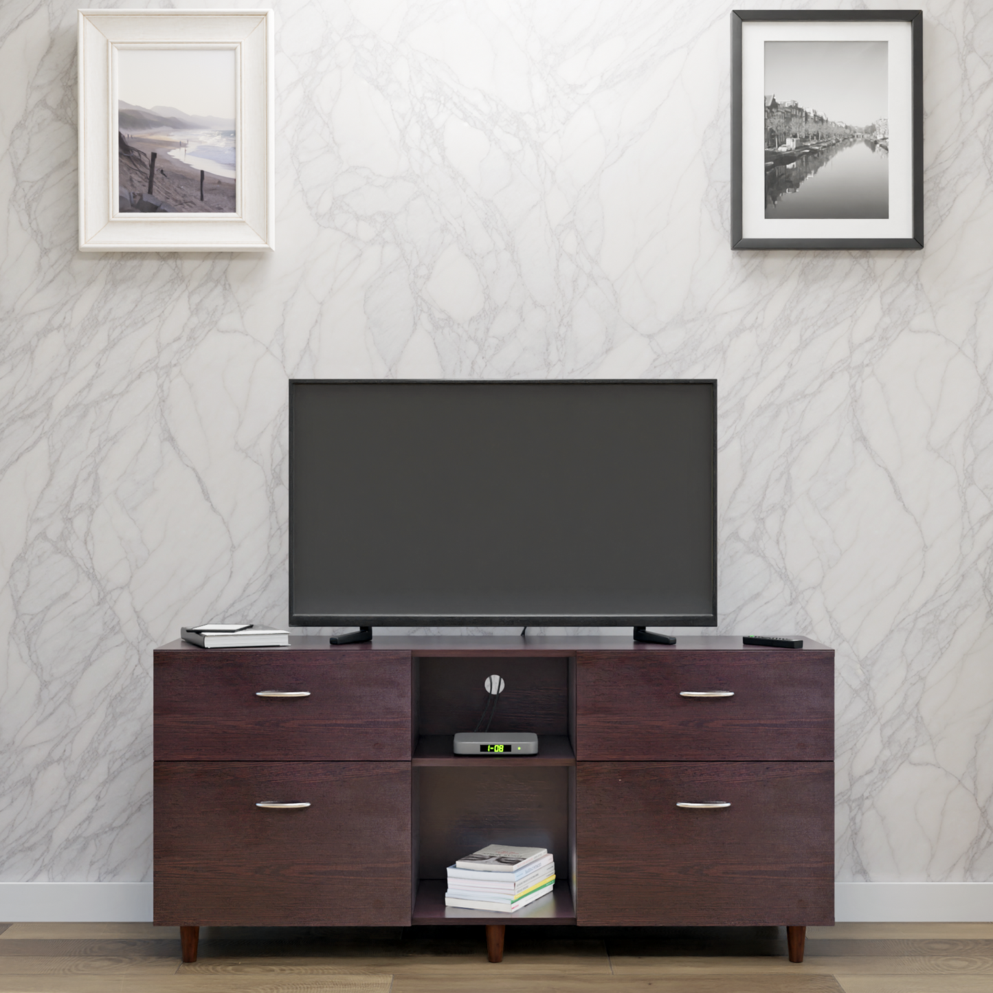 TV unit | 4 Drawers, Open Shelves | Single Color TV & Entertainment Unit VIKI FURNITURE Dark Wenge