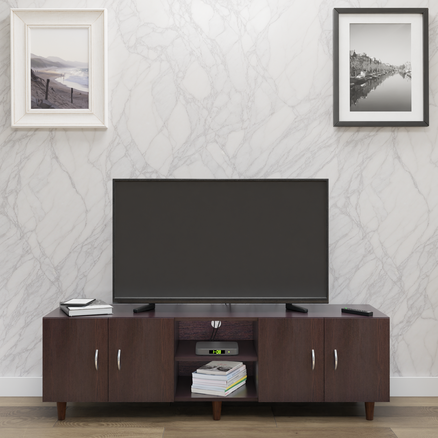 TV unit | 4 Doors, Open Shelves | Single Color TV & Entertainment Unit VIKI FURNITURE Dark Wenge