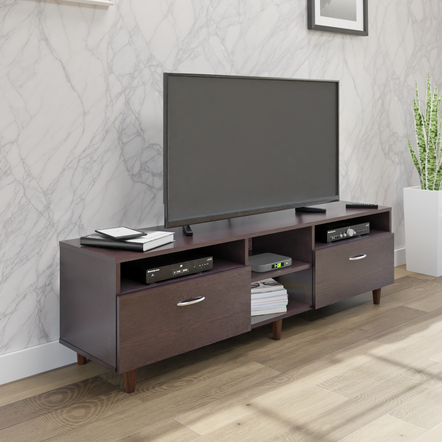 TV Unit | 2 Drawers, Open Shelves | Single Color TV & Entertainment Unit VIKI FURNITURE