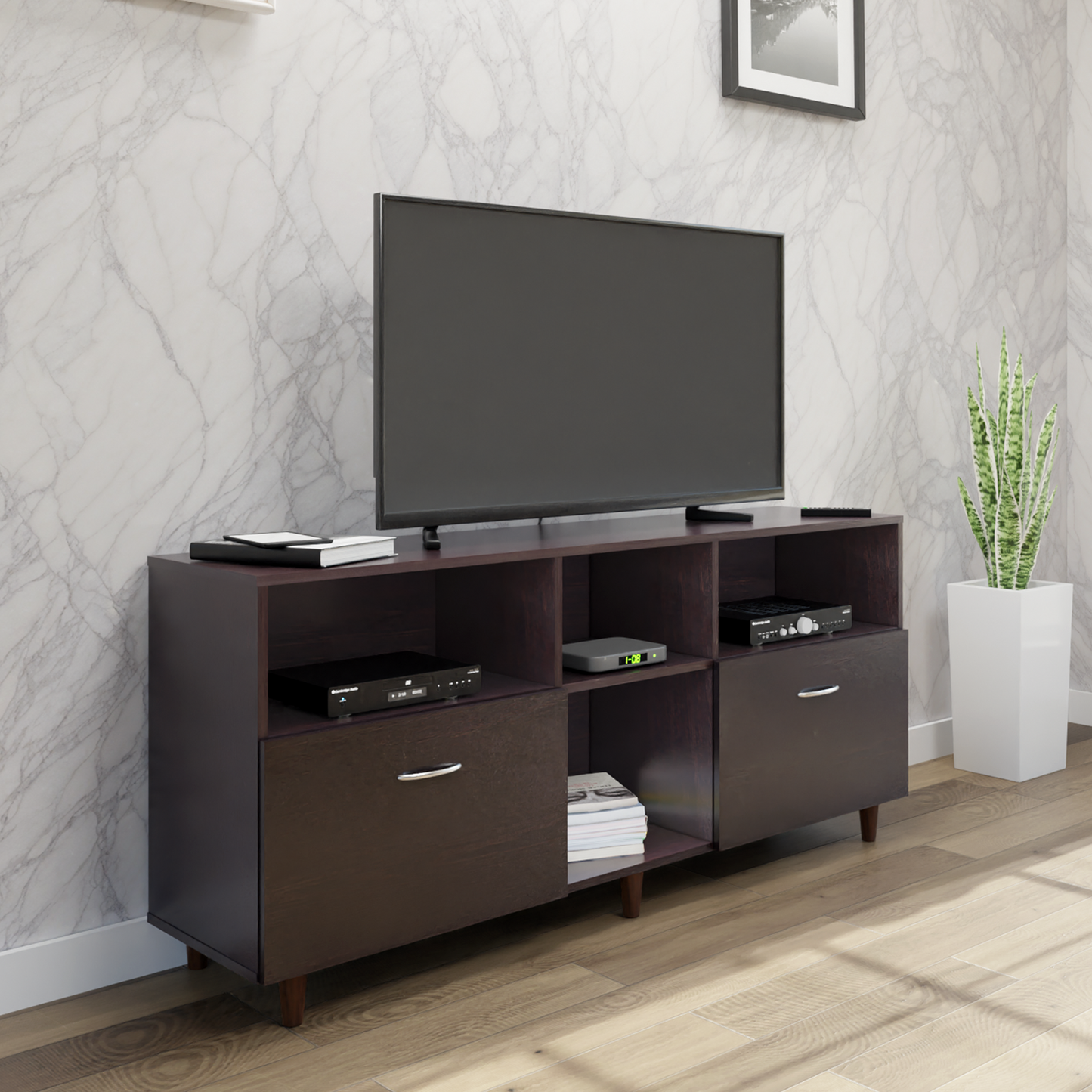 TV unit | 2 Drawers, Shelf & Open Shelves | Single Color TV & Entertainment Unit VIKI FURNITURE
