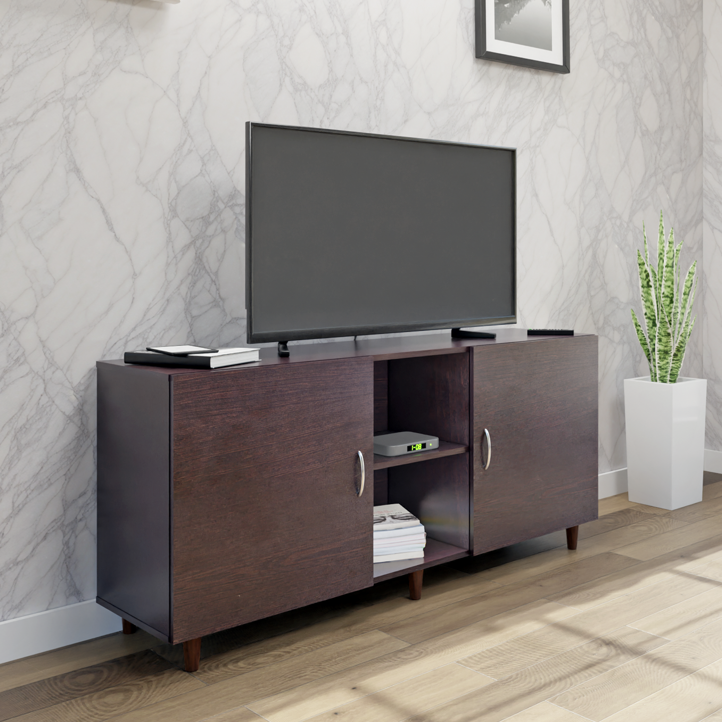 TV Unit | 2 Doors, Open Shelves | Single Color TV & Entertainment Unit VIKI FURNITURE