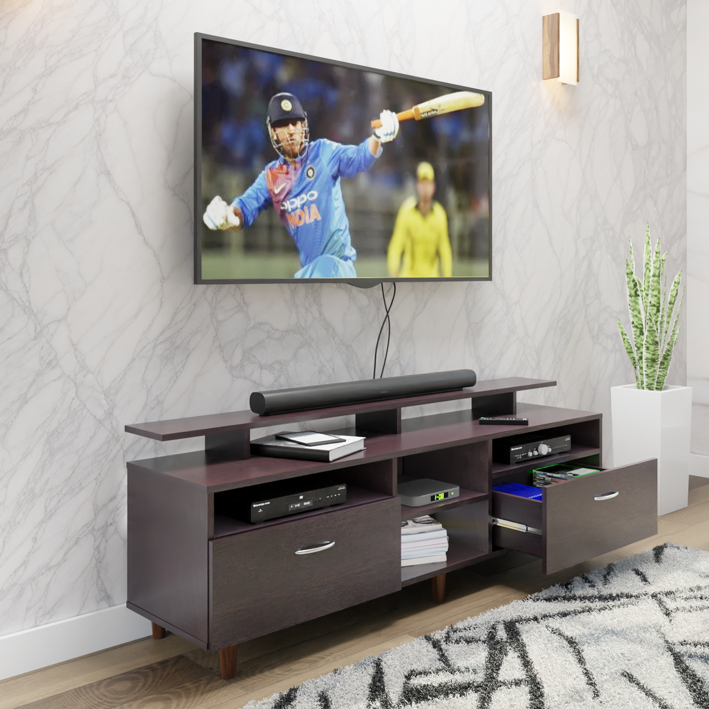 TV Unit | 2 Drawers, Open Shelves & Extension | Single Color TV & Entertainment Unit VIKI FURNITURE
