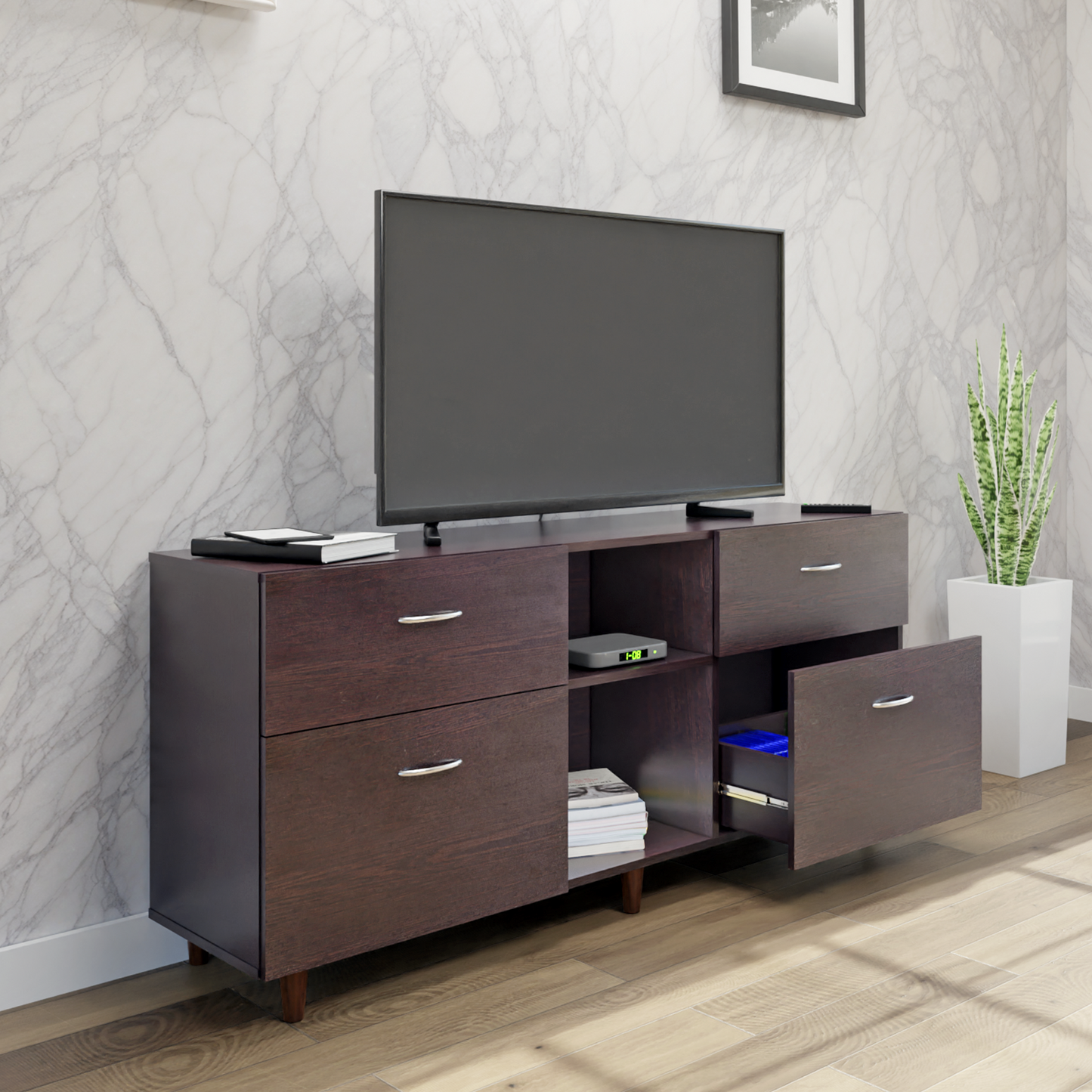 TV unit | 4 Drawers, Open Shelves | Single Color TV & Entertainment Unit VIKI FURNITURE