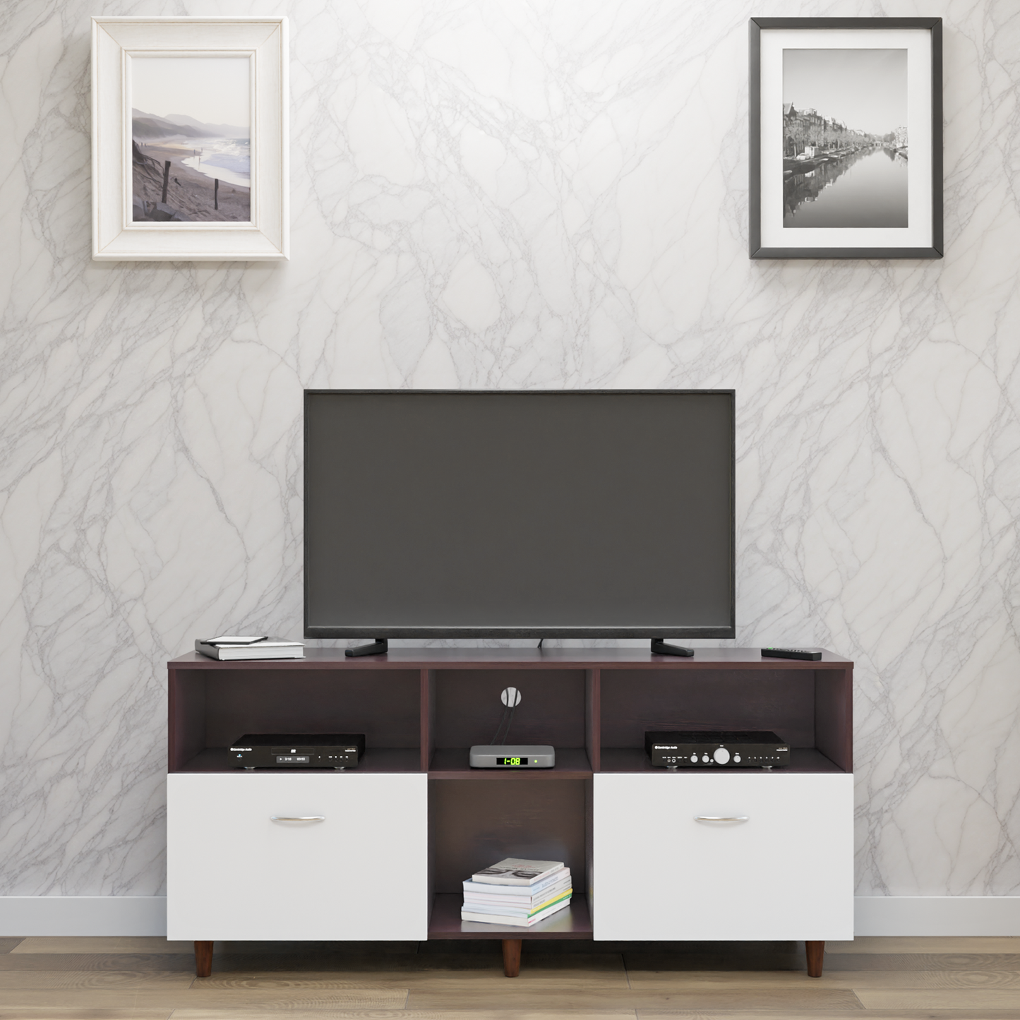 TV unit | 2 Drawers, Shelf & Open Shelves | Dual Color TV & Entertainment Unit VIKI FURNITURE Dark Wenge with Frosty White