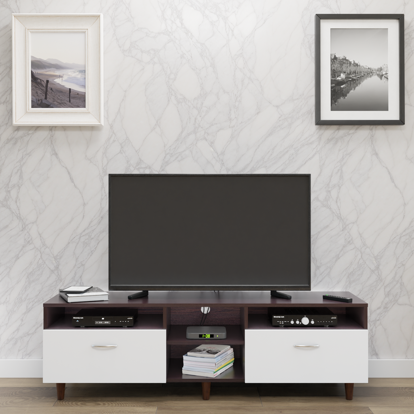 TV Unit | 2 Drawers, Open Shelves | Dual Color TV & Entertainment Unit VIKI FURNITURE Dark Wenge with Frosty White