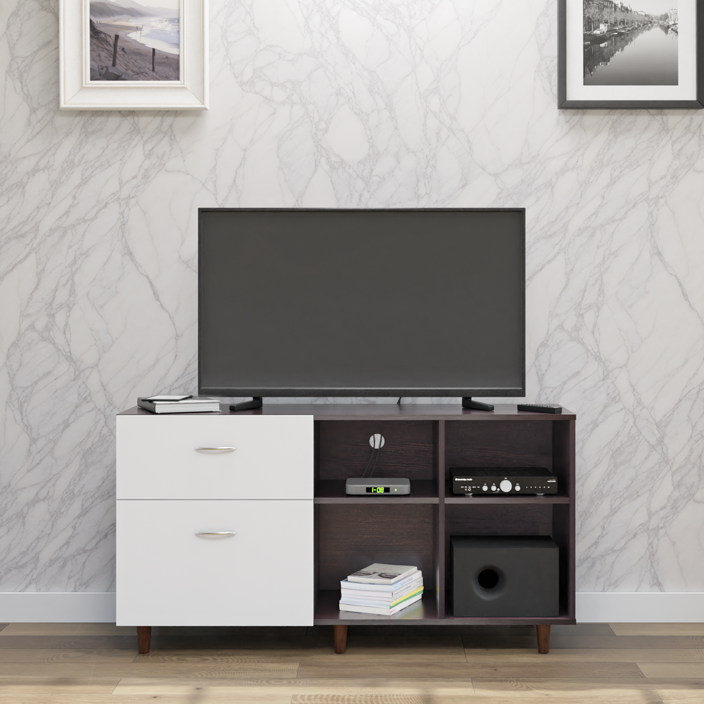 TV Unit | 2 Drawers, Shelf & Open Shelves | Dual Color TV & Entertainment Unit VIKI FURNITURE