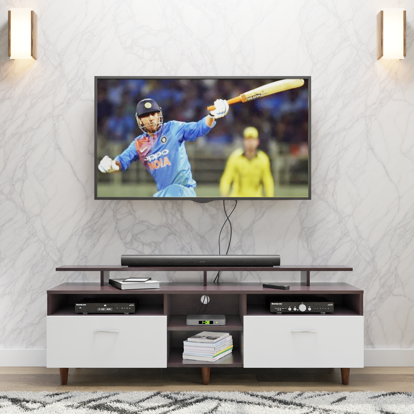 TV Unit | 2 Drawers, Open Shelves & Extension | Dual Color TV & Entertainment Unit VIKI FURNITURE Dark Wenge with Frosty White