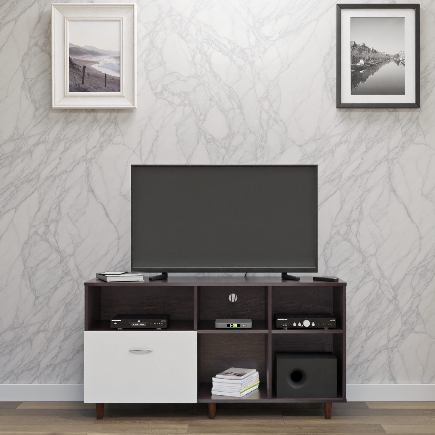 TV Unit | 1 Drawer, Shelf & Open Shelves | Dual Color TV & Entertainment Unit VIKI FURNITURE
