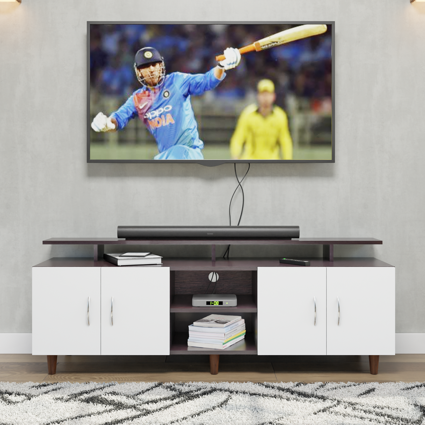 TV unit | 4 Doors, Open Shelves & Extension | Dual Color TV & Entertainment Unit VIKI FURNITURE Dark Wenge with Frosty White