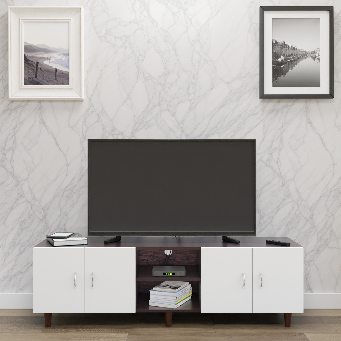 TV unit | 4 Doors, Open Shelves | Dual Color TV & Entertainment Unit VIKI FURNITURE Dark Wenge with Frosty White