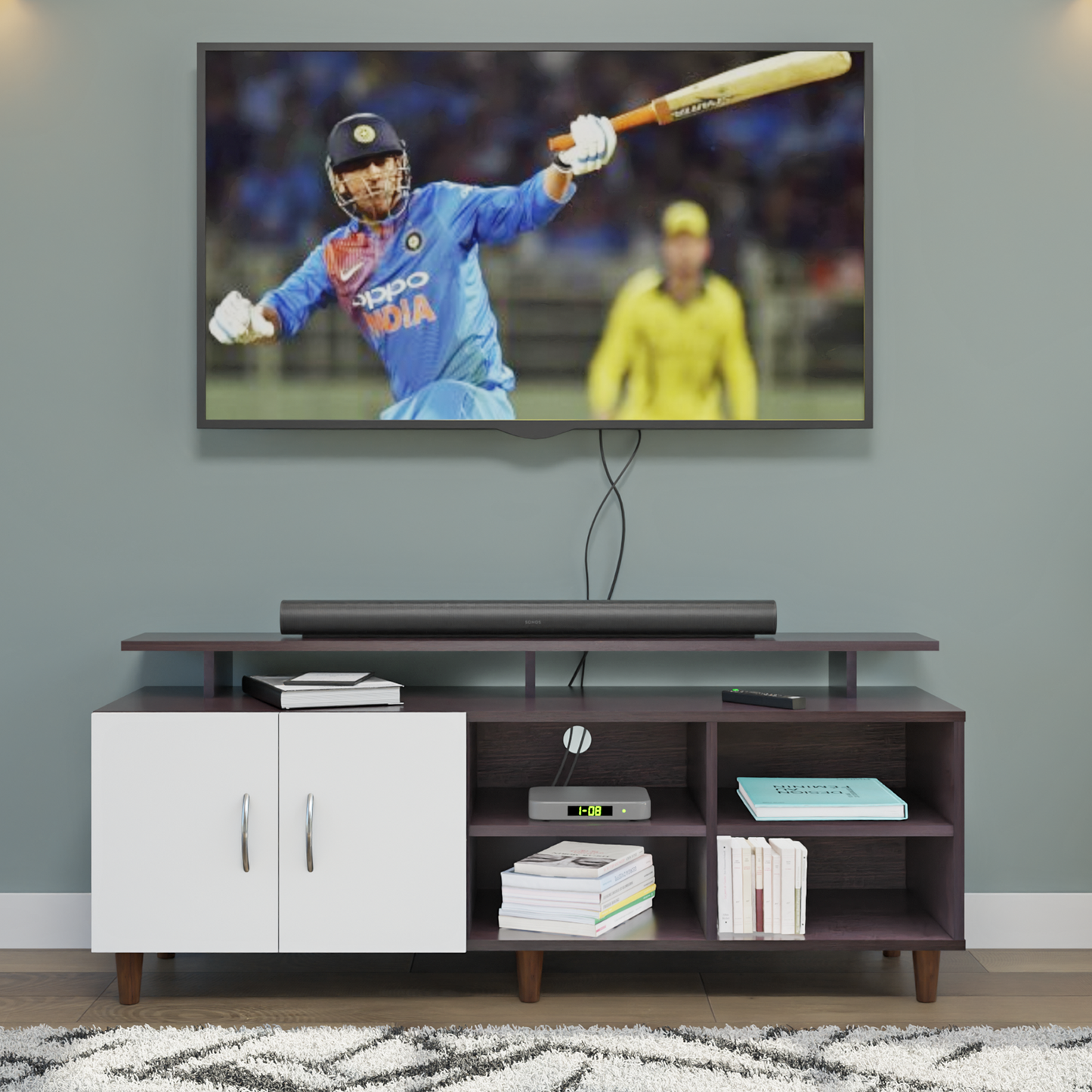 TV Unit | 2 Door, Open Shelves & Extension | Dual Color TV & Entertainment Unit VIKI FURNITURE