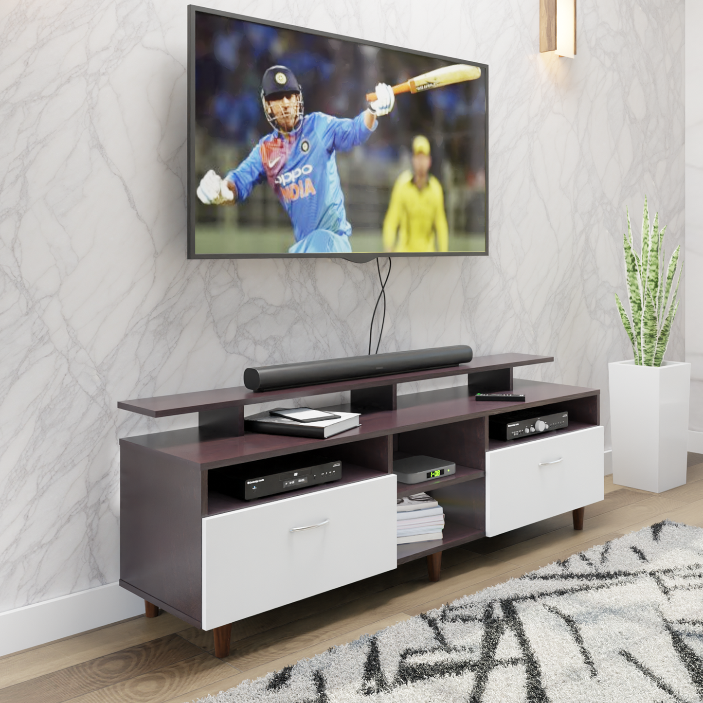 TV Unit | 2 Drawers, Open Shelves & Extension | Dual Color TV & Entertainment Unit VIKI FURNITURE