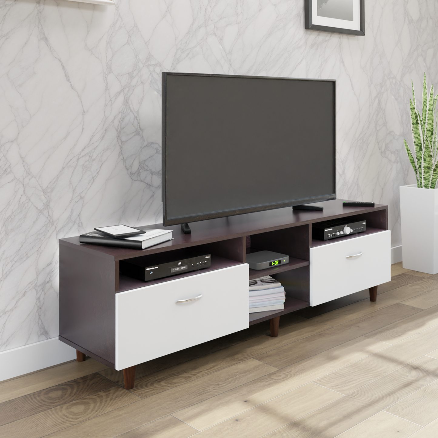 TV Unit | 2 Drawers, Open Shelves | Dual Color TV & Entertainment Unit VIKI FURNITURE
