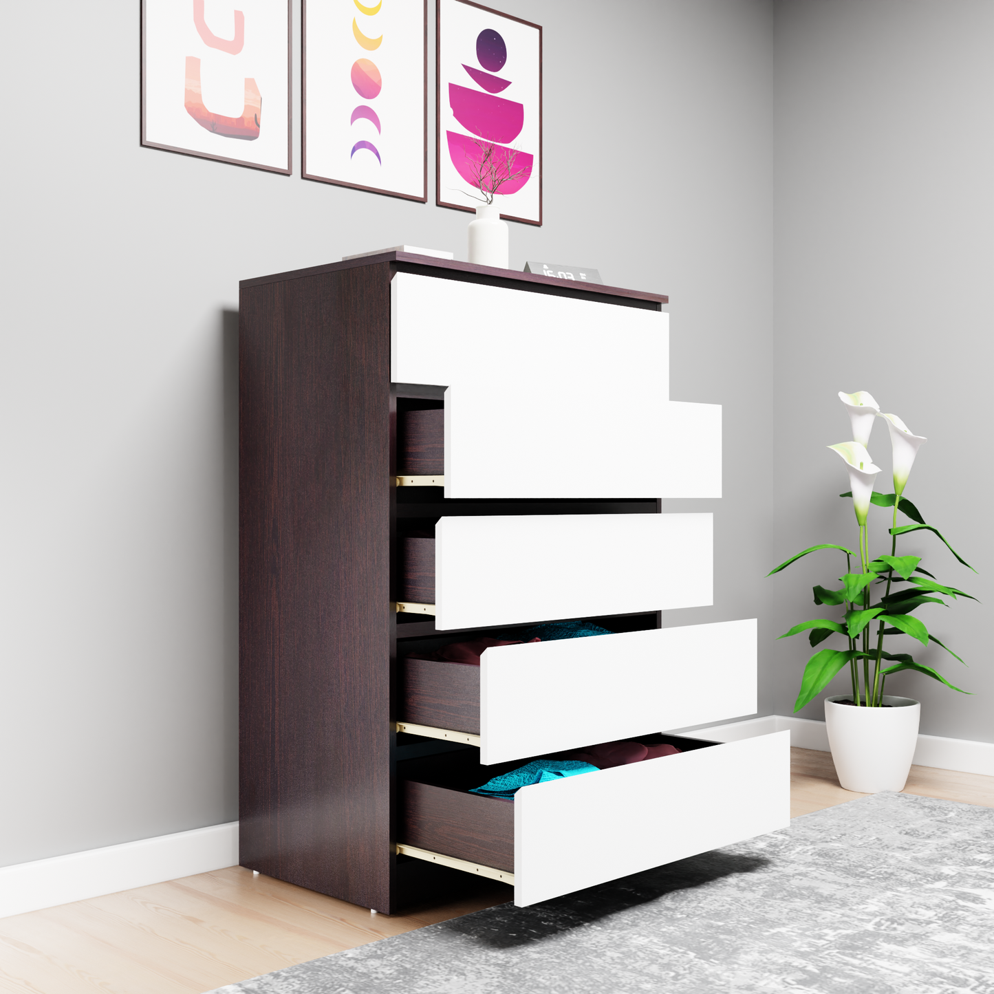 PARA | Chest of 5 Drawer, Dark Wenge, Frosty White | Suede Finish Drawer Units VIKI FURNITURE
