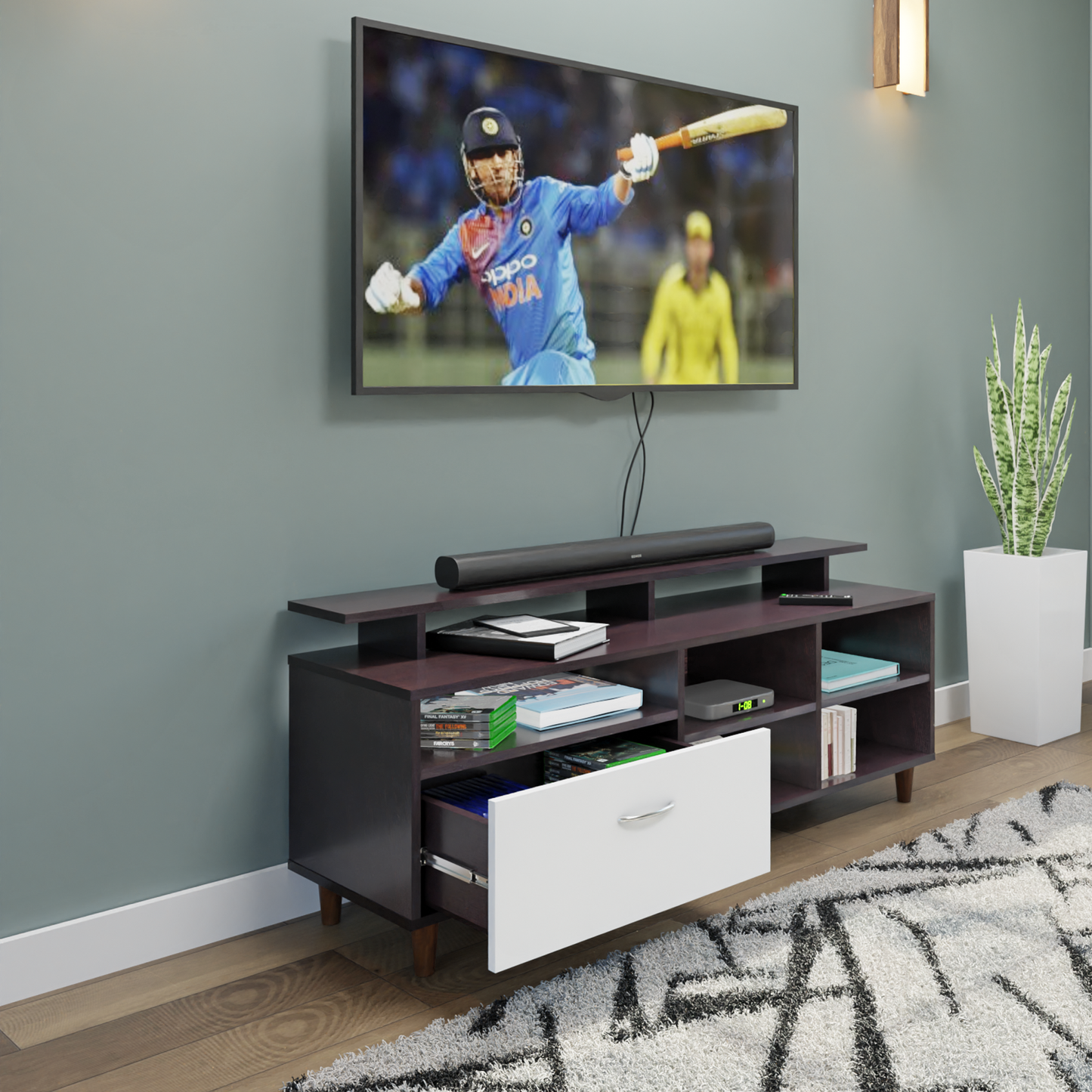 TV Unit | 1 Drawer, Shelf, Open Shelves & Extension | Dual Color TV & Entertainment Unit VIKI FURNITURE