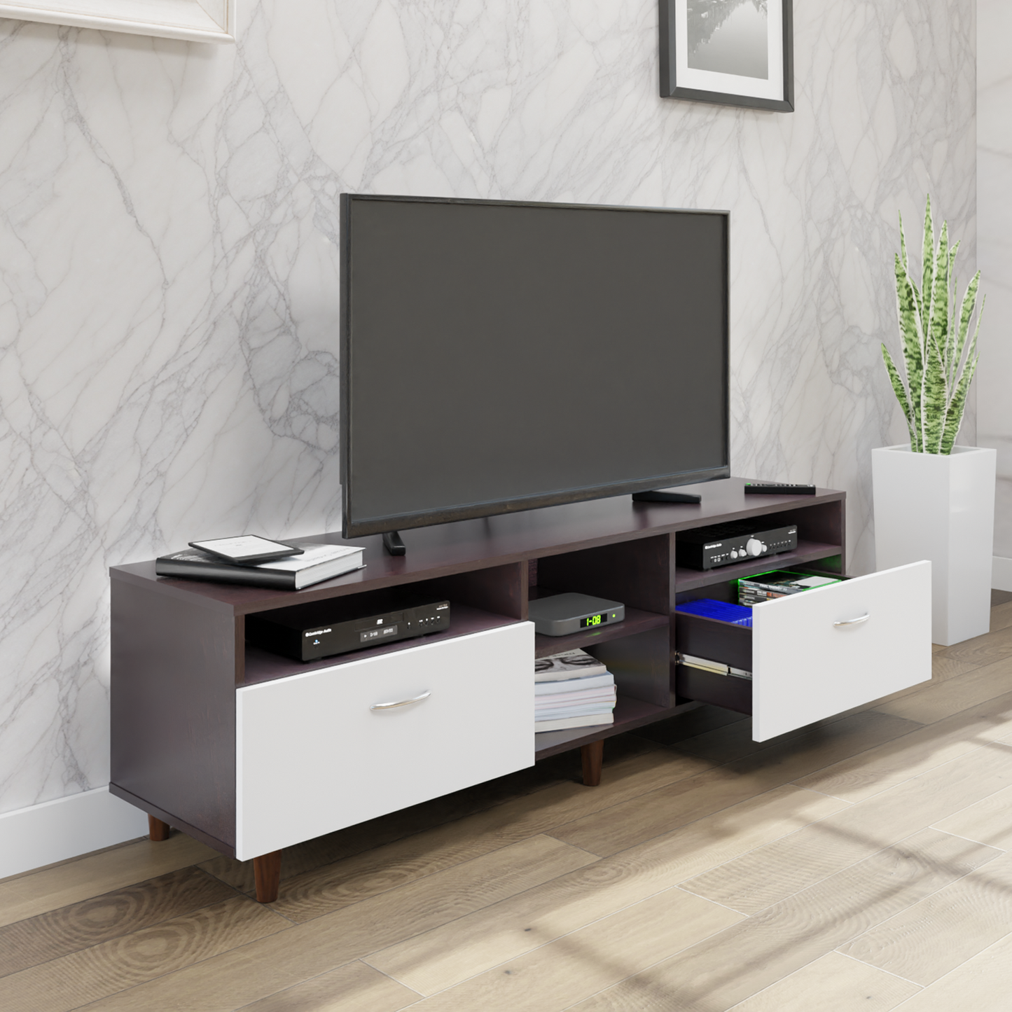TV Unit | 2 Drawers, Open Shelves | Dual Color TV & Entertainment Unit VIKI FURNITURE