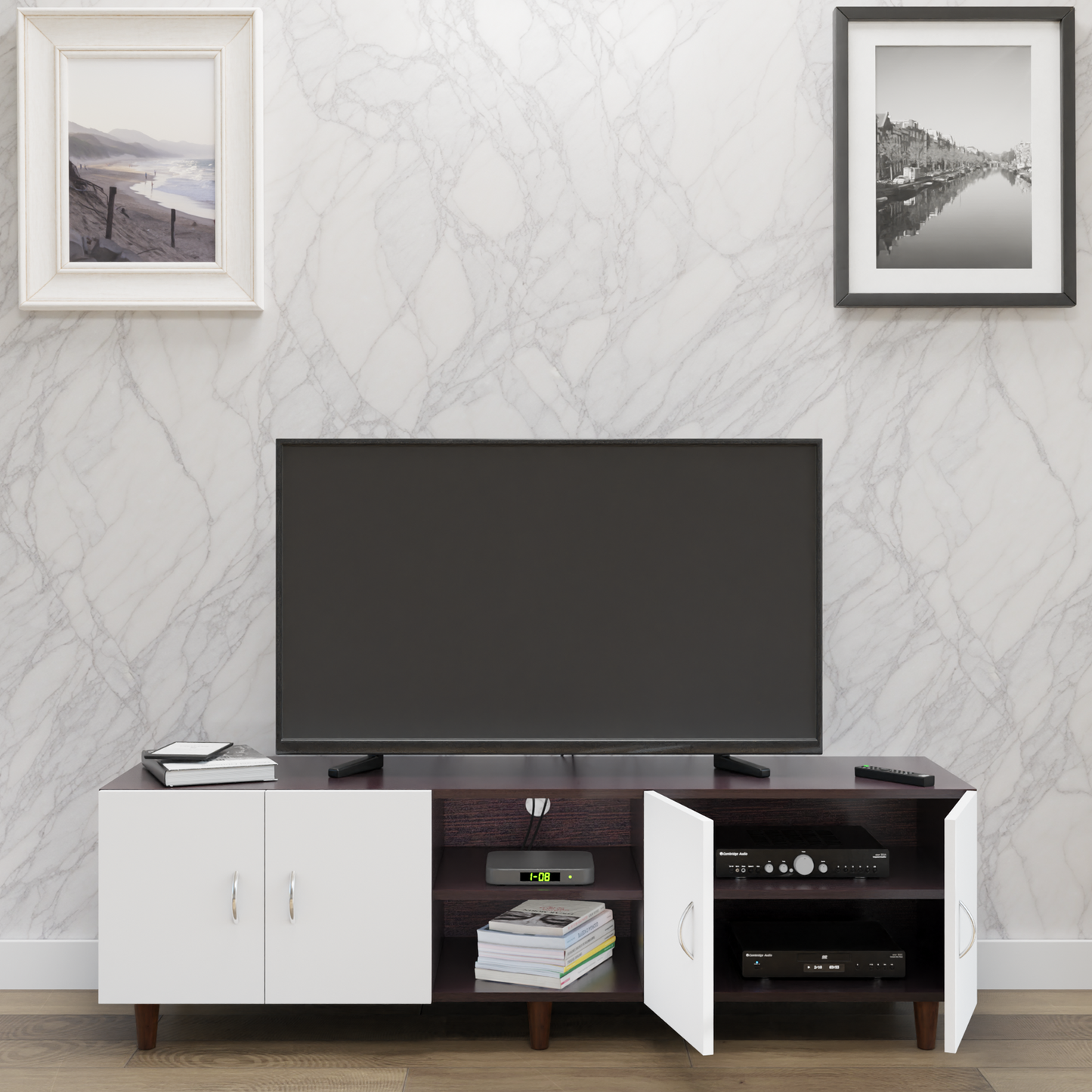 TV unit | 4 Doors, Open Shelves | Dual Color TV & Entertainment Unit VIKI FURNITURE