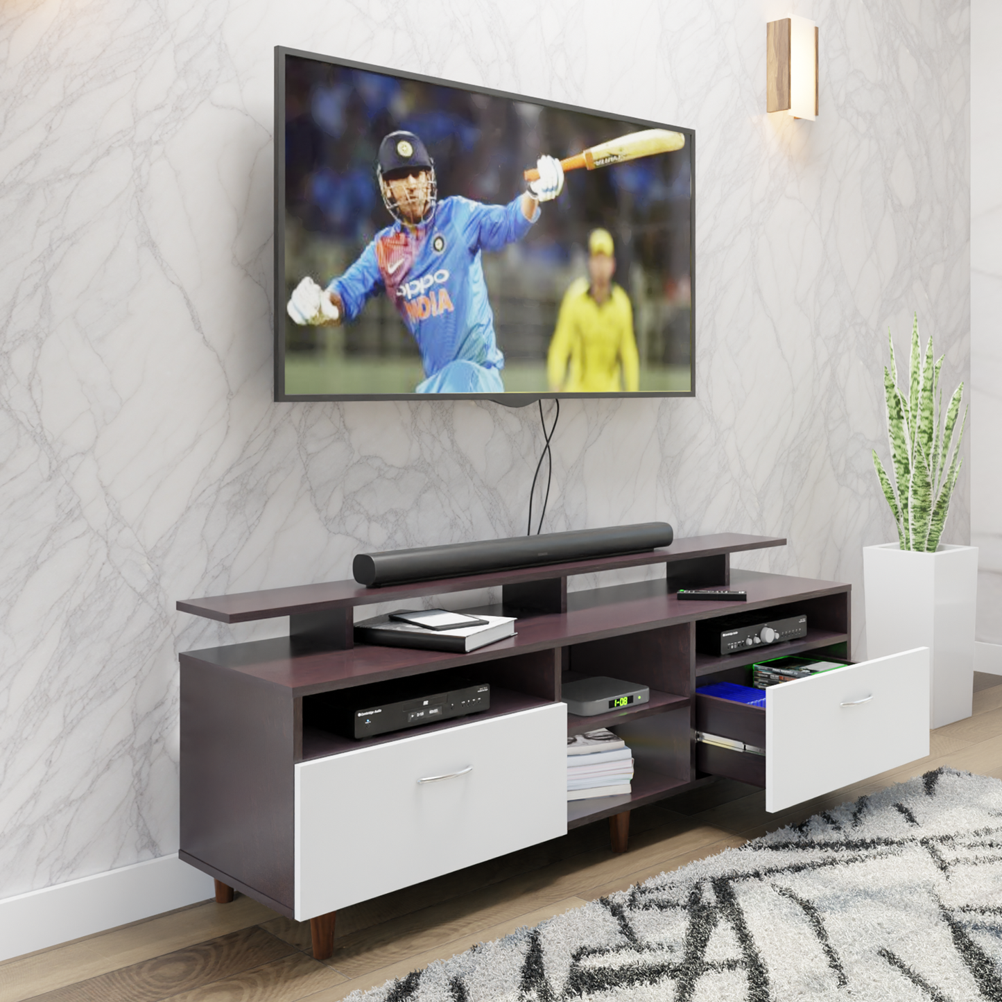 TV Unit | 2 Drawers, Open Shelves & Extension | Dual Color TV & Entertainment Unit VIKI FURNITURE