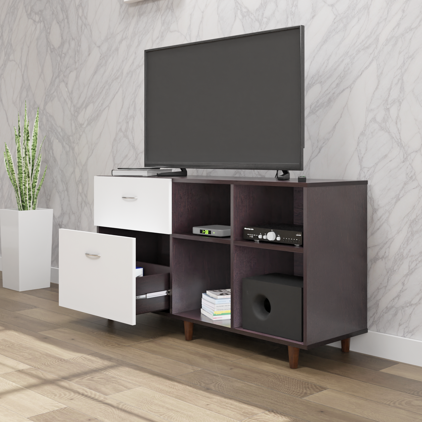 TV Unit | 2 Drawers, Shelf & Open Shelves | Dual Color TV & Entertainment Unit VIKI FURNITURE