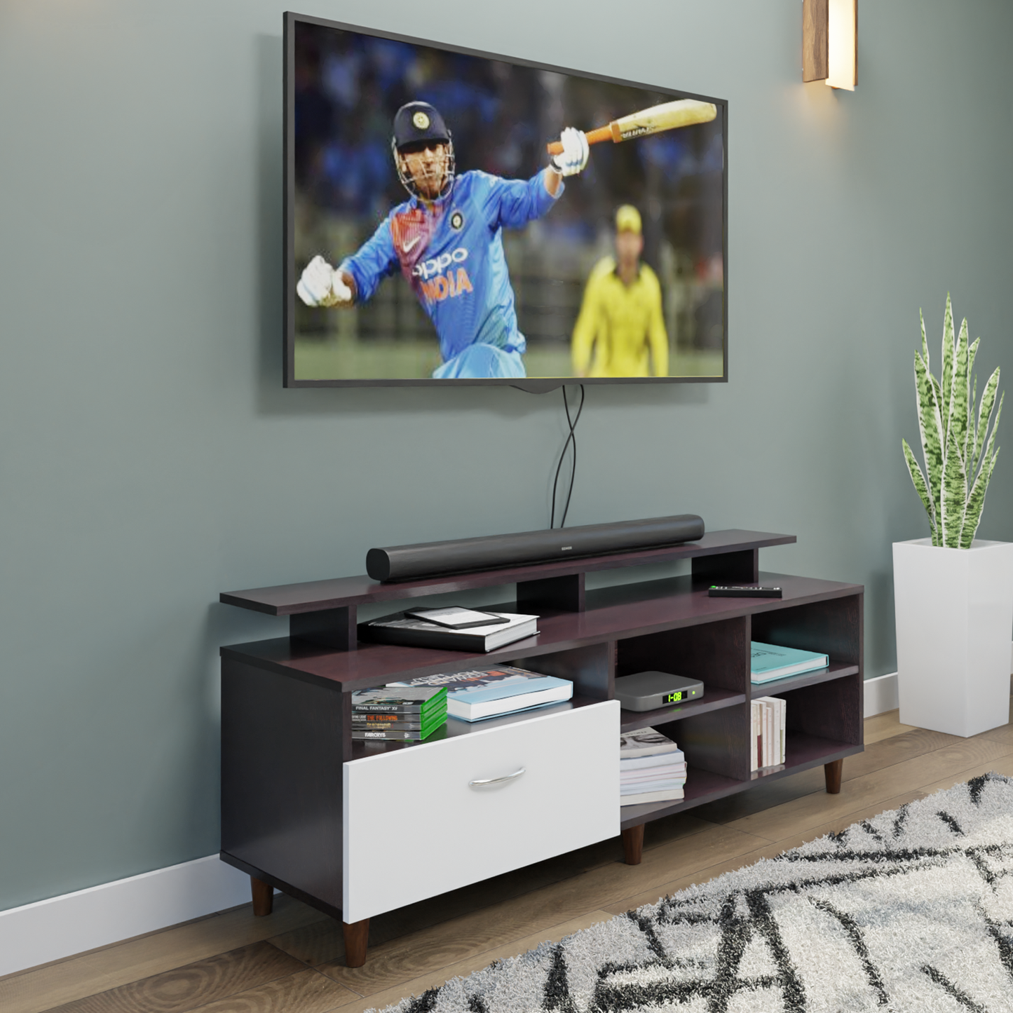 TV Unit | 1 Drawer, Shelf, Open Shelves & Extension | Dual Color TV & Entertainment Unit VIKI FURNITURE Dark Wenge with Frosty White