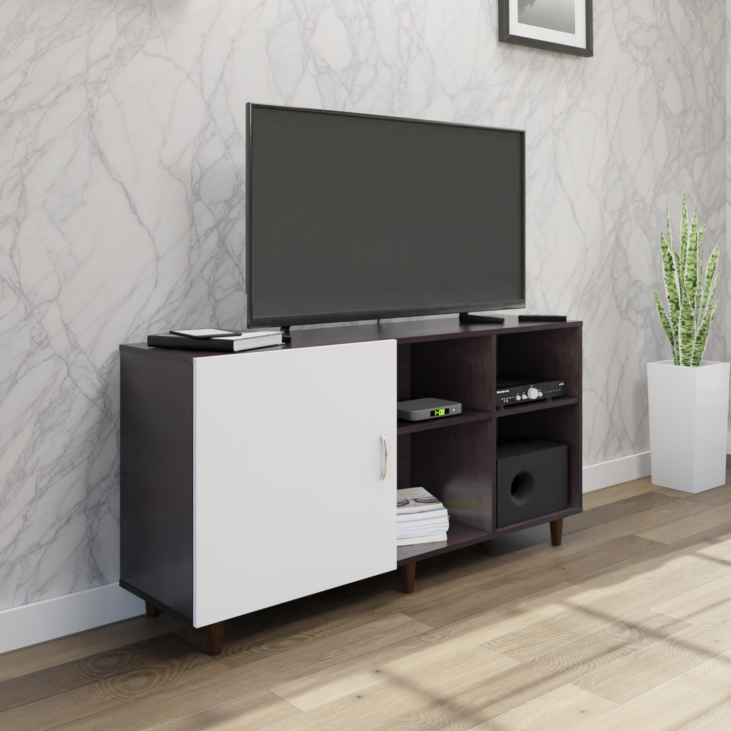 TV Unit | 1 Door, Open Shelves | Dual Color TV & Entertainment Unit VIKI FURNITURE Dark Wenge with Frosty White