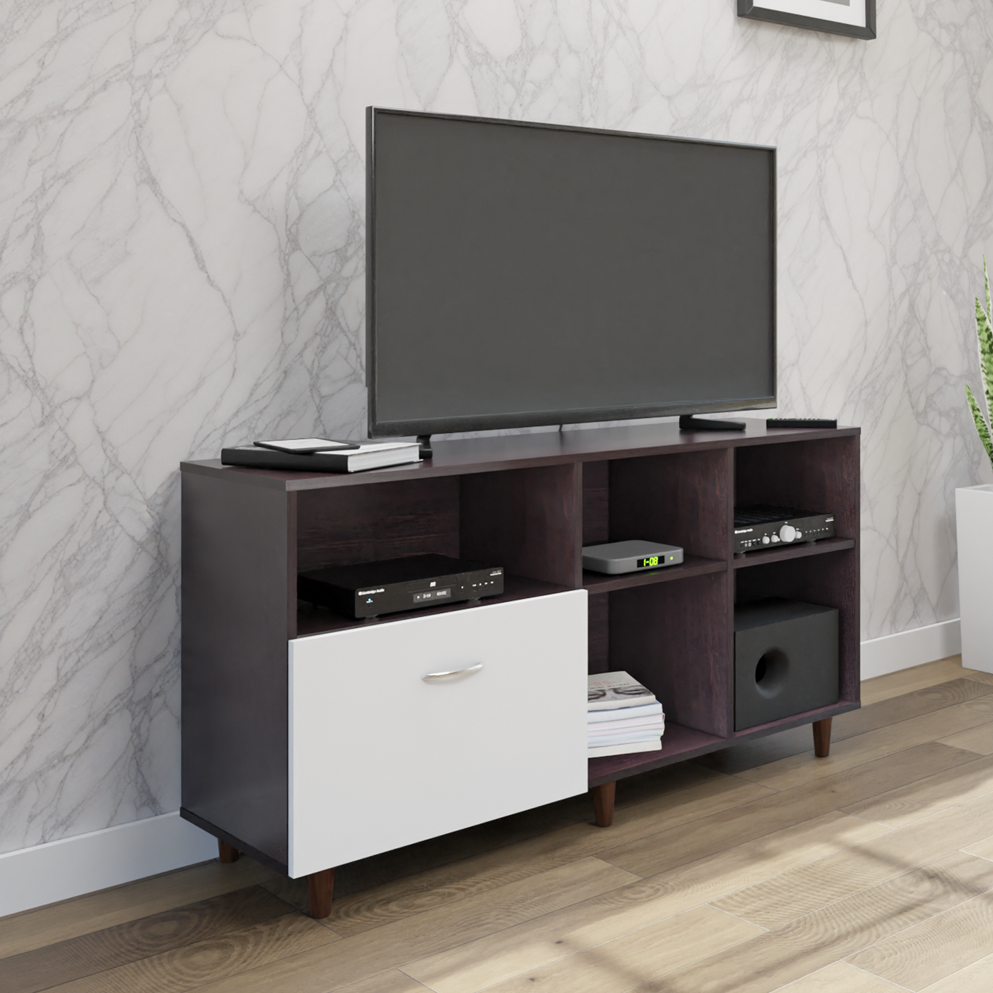 TV Unit | 1 Drawer, Shelf & Open Shelves | Dual Color TV & Entertainment Unit VIKI FURNITURE Dark Wenge with Frosty White