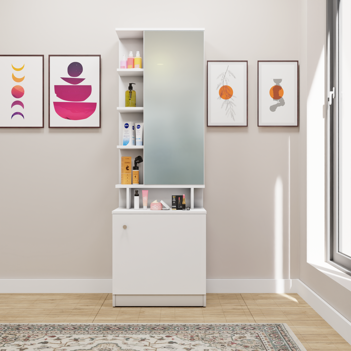 Dressing Table with Mirror Door | Drawer & Open Shelves Dressing Table VIKI FURNITURE