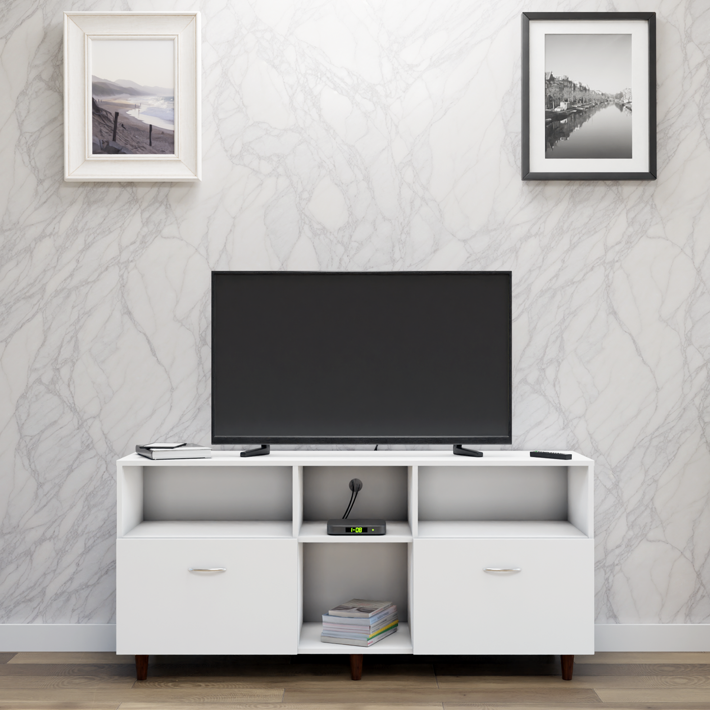 TV unit | 2 Drawers, Shelf & Open Shelves | Single Color TV & Entertainment Unit VIKI FURNITURE Frosty White