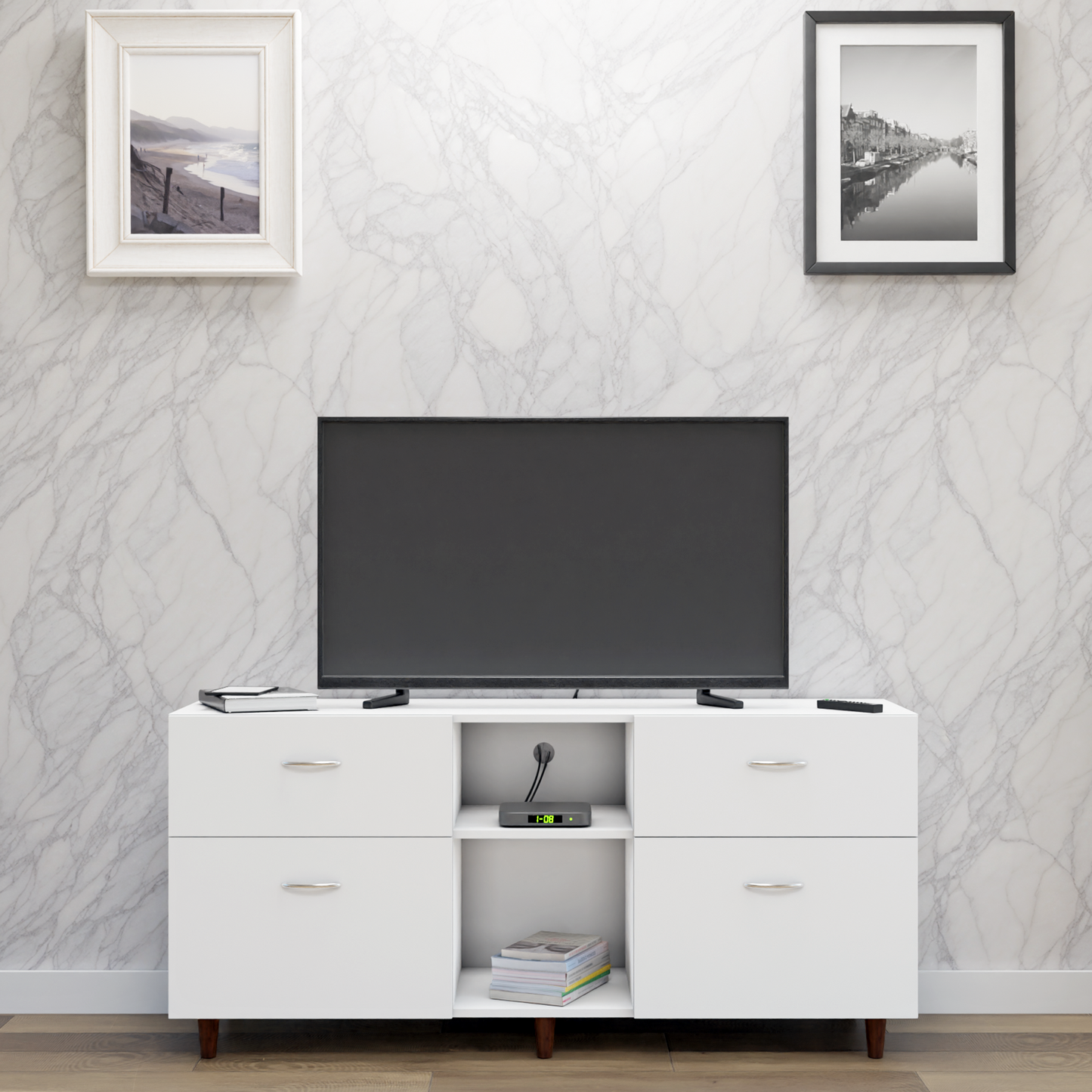 TV unit | 4 Drawers, Open Shelves | Single Color TV & Entertainment Unit VIKI FURNITURE Frosty White