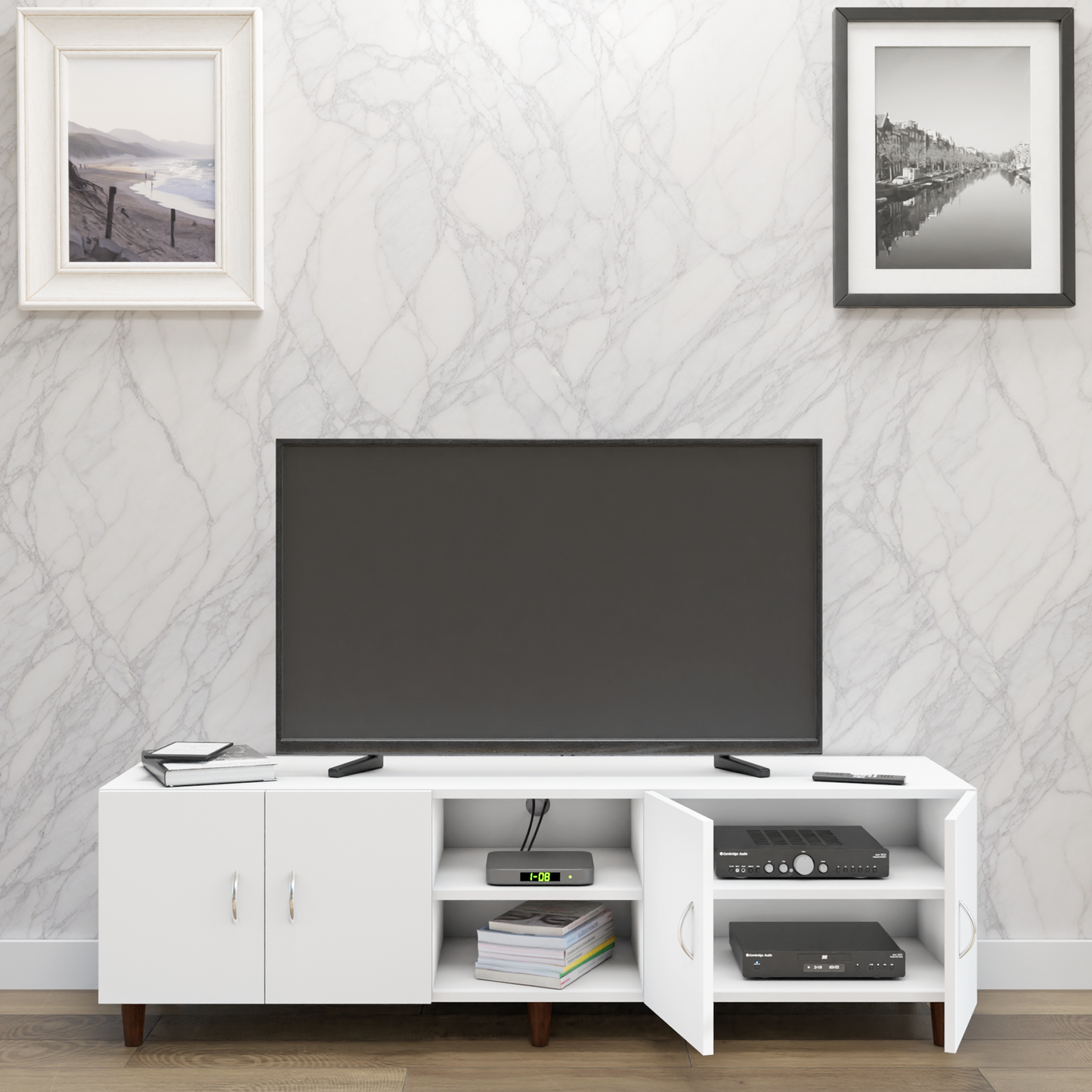 TV unit | 4 Doors, Open Shelves | Single Color TV & Entertainment Unit VIKI FURNITURE