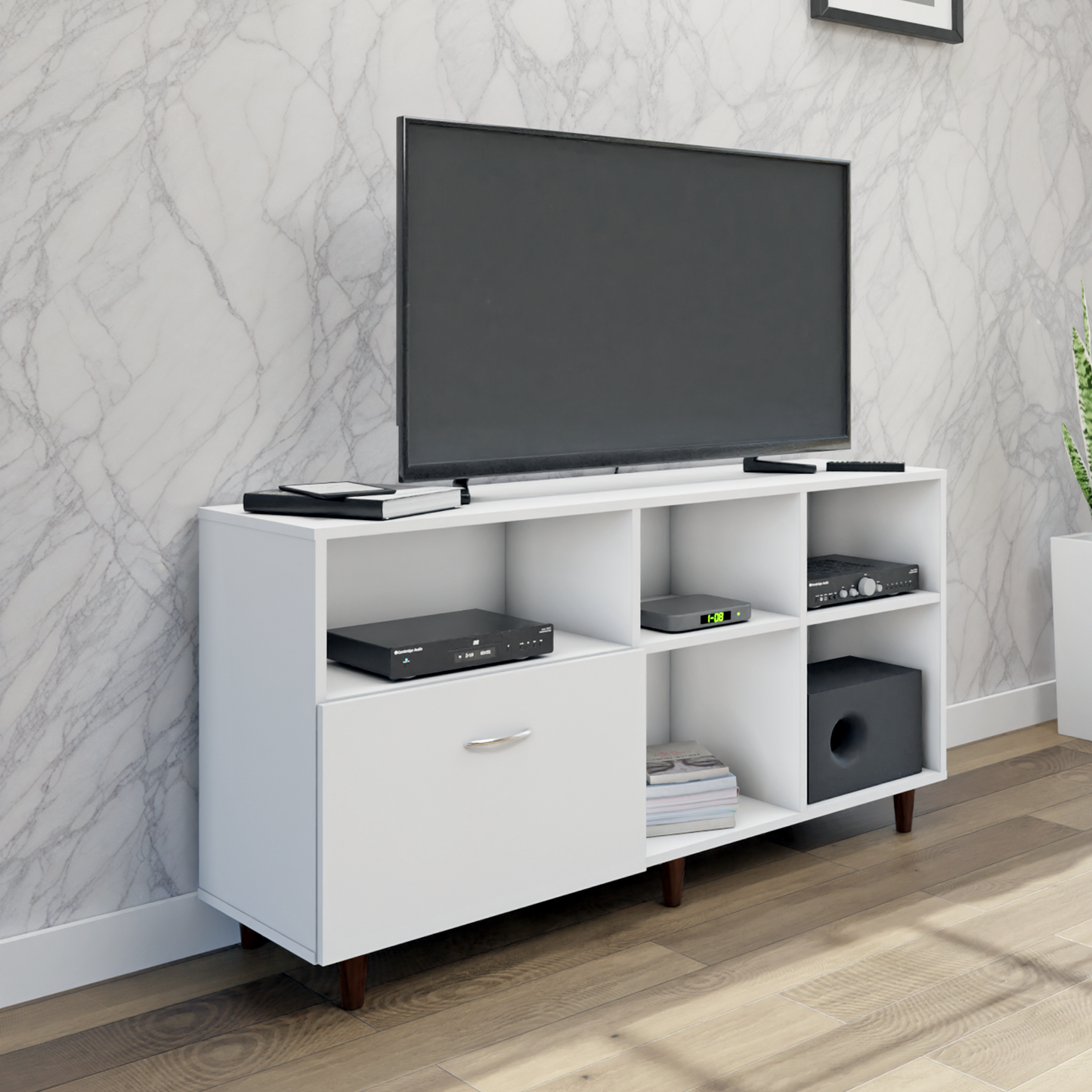 TV Unit | 1 Drawer, Shelf & Open Shelves | Single Color TV & Entertainment Unit VIKI FURNITURE Frosty White