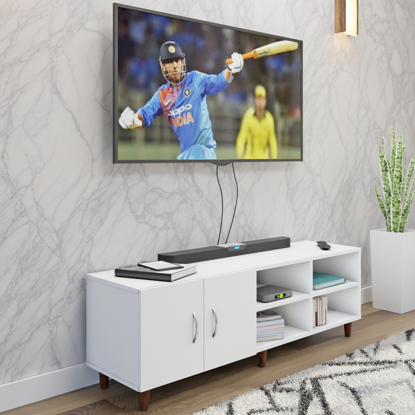 TV Unit | 2 Door, Open Shelves | Single Color TV & Entertainment Unit VIKI FURNITURE Frosty White
