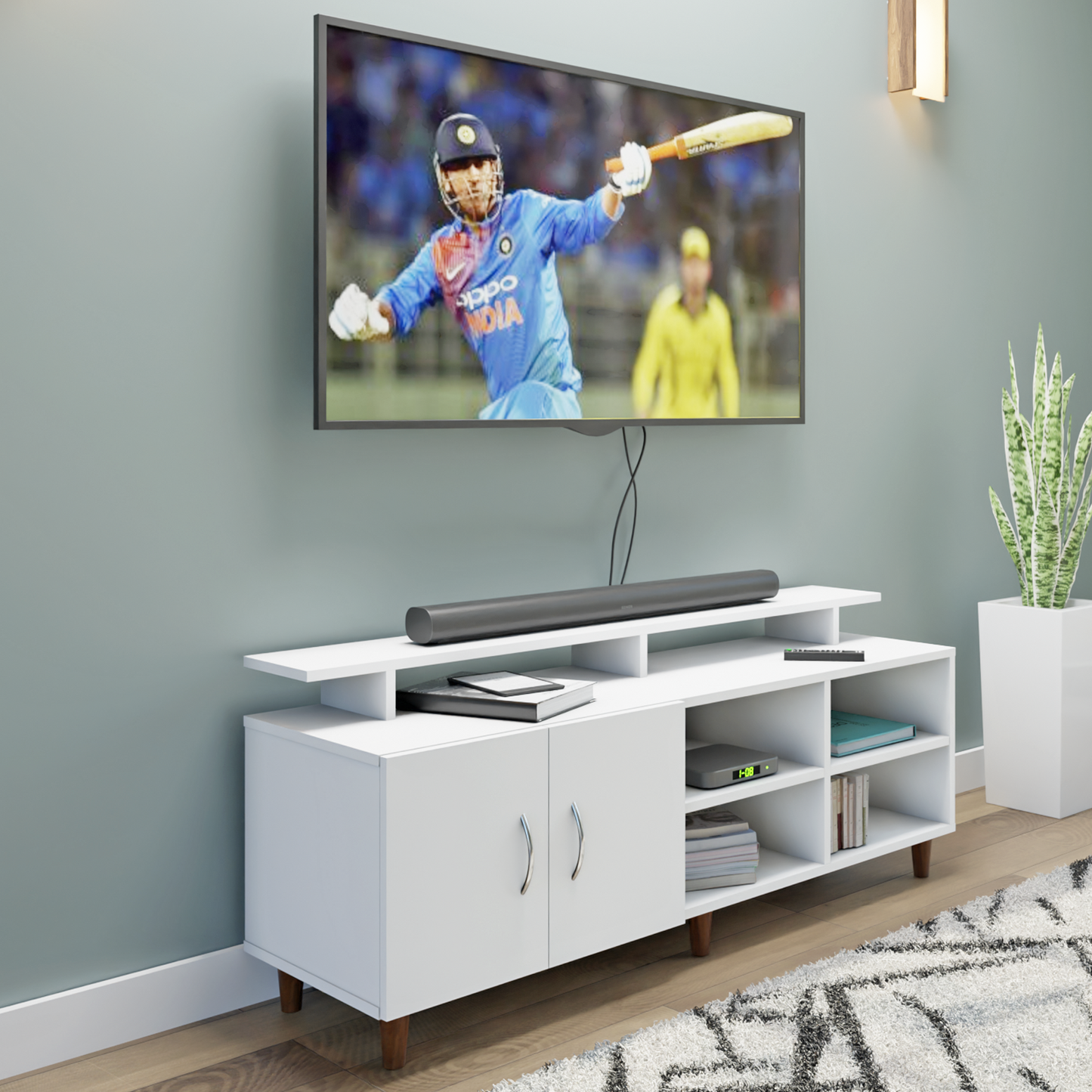 TV Unit | 2 Door, Open Shelves & Extension | Single Color TV & Entertainment Unit VIKI FURNITURE Frosty White