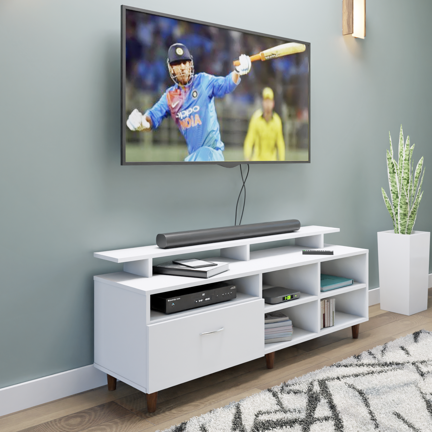 TV Unit | 1 Drawer, Shelf, Open Shelves & Extension | Single Color TV & Entertainment Unit VIKI FURNITURE Frosty White