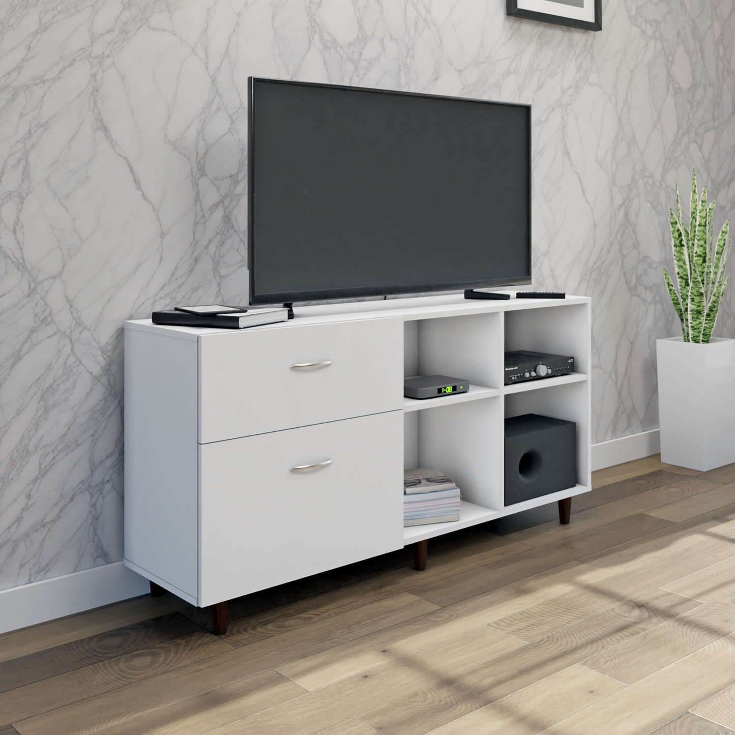 TV Unit | 2 Drawers, Shelf & Open Shelves | Single Color TV & Entertainment Unit VIKI FURNITURE Frosty White