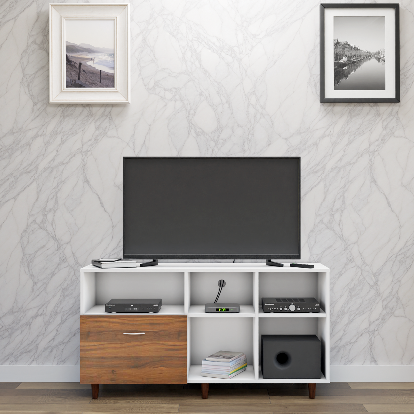 TV Unit | 1 Drawer, Shelf & Open Shelves | Dual Color TV & Entertainment Unit VIKI FURNITURE