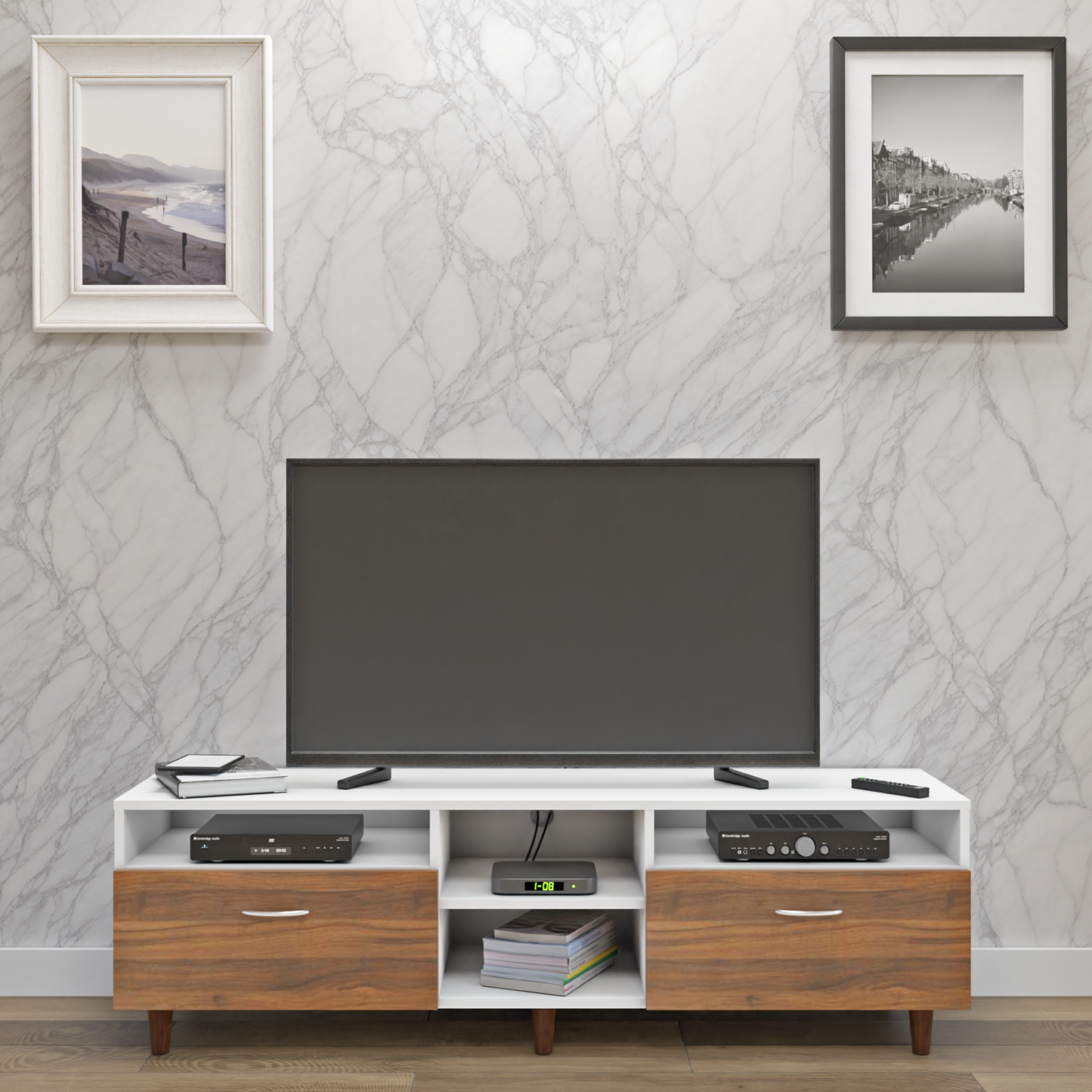 TV Unit | 2 Drawers, Open Shelves | Dual Color TV & Entertainment Unit VIKI FURNITURE Frosty White with Brussel Walnut