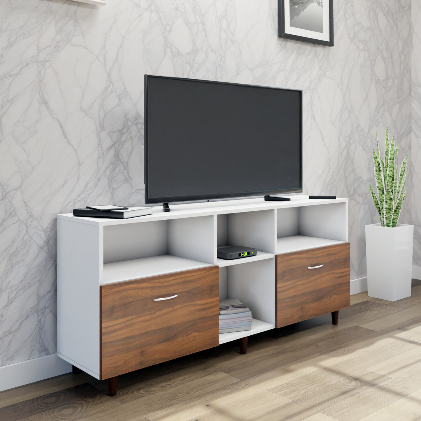 TV unit | 2 Drawers, Shelf & Open Shelves | Dual Color TV & Entertainment Unit VIKI FURNITURE