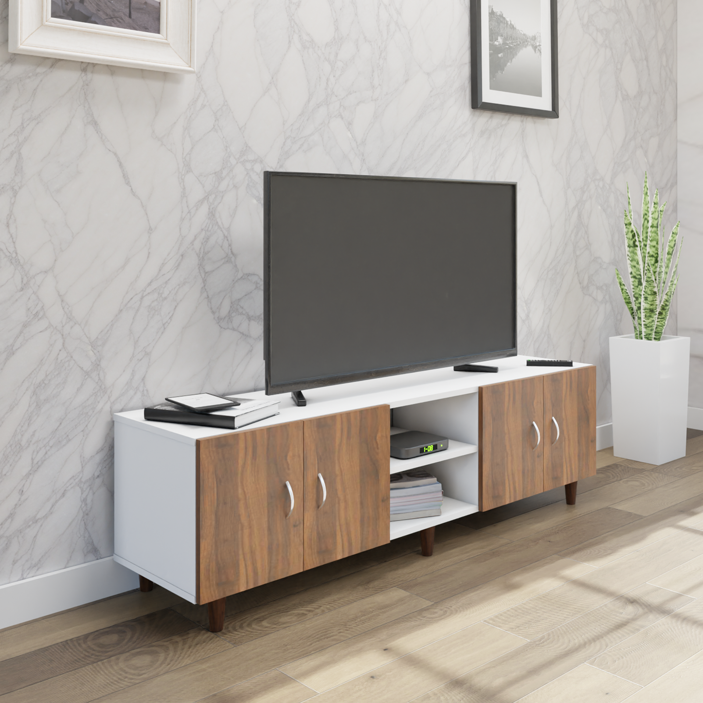 TV unit | 4 Doors, Open Shelves | Dual Color TV & Entertainment Unit VIKI FURNITURE